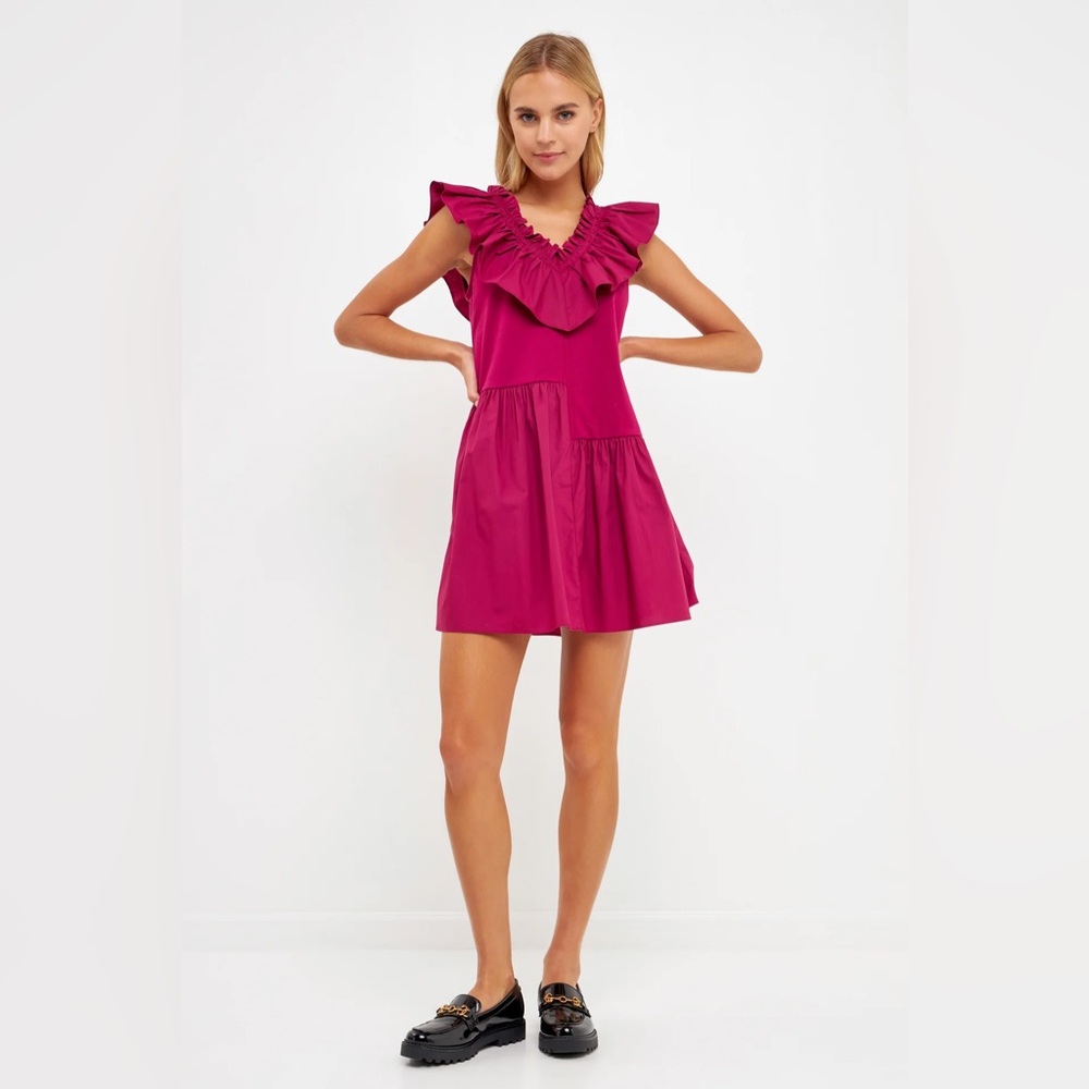 ENGLISH FACTORY Mixed Media Ruffle Detail Knit Mini Dress in Plum Size S